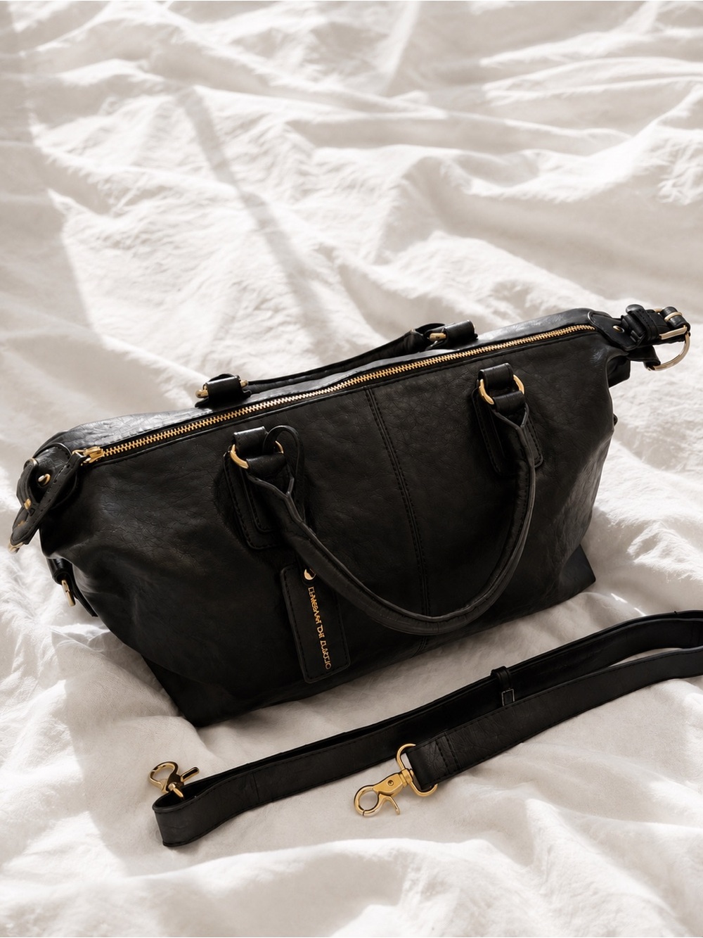 Monserat De Lucca Black Genuine Leather Satchel Shoulder Bag Gold Hardware